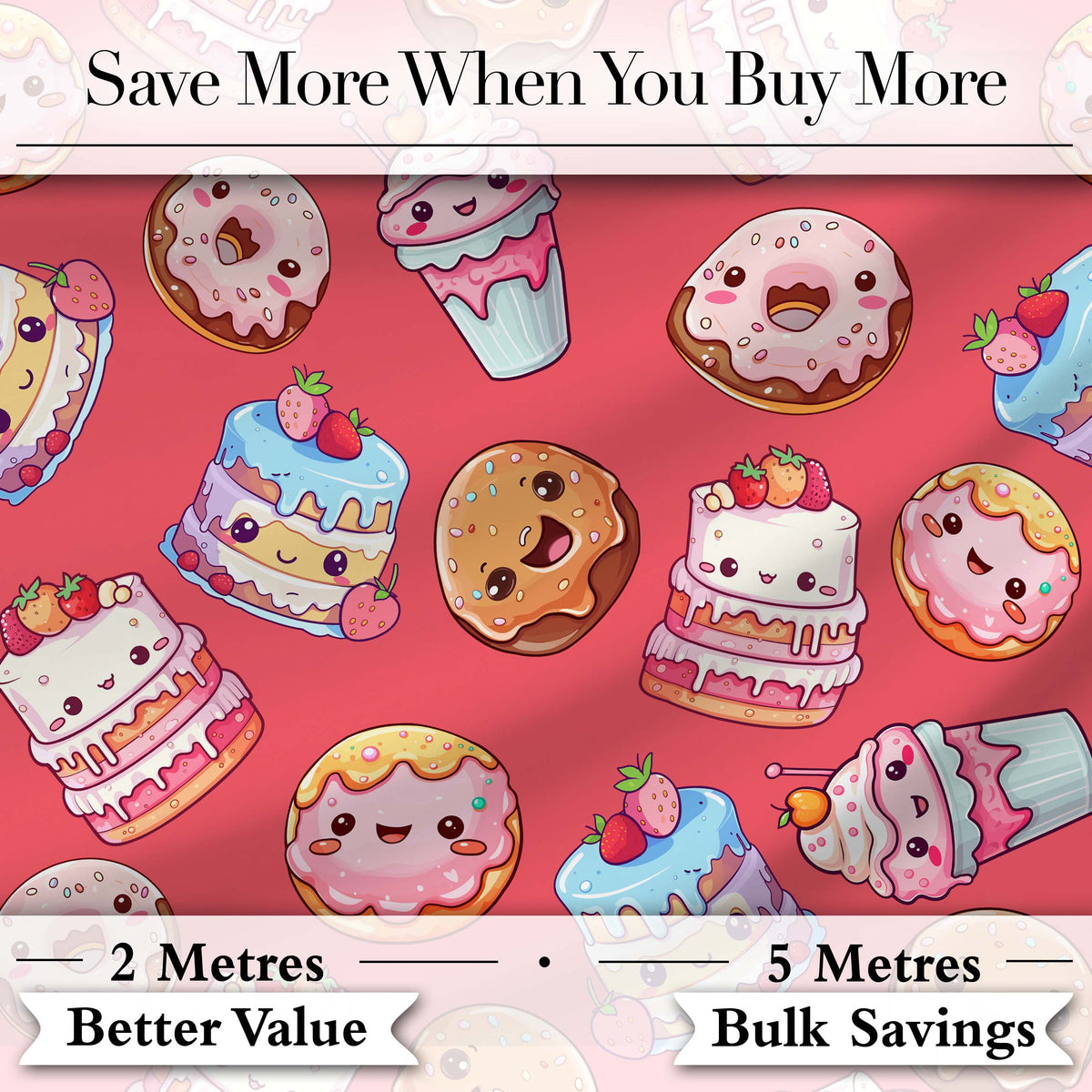 Cute Kawaii Donuts Cakes Desserts Red Background Seamless Pattern Digital Print Fabric by the Metre UK Sewing Quilting Textile