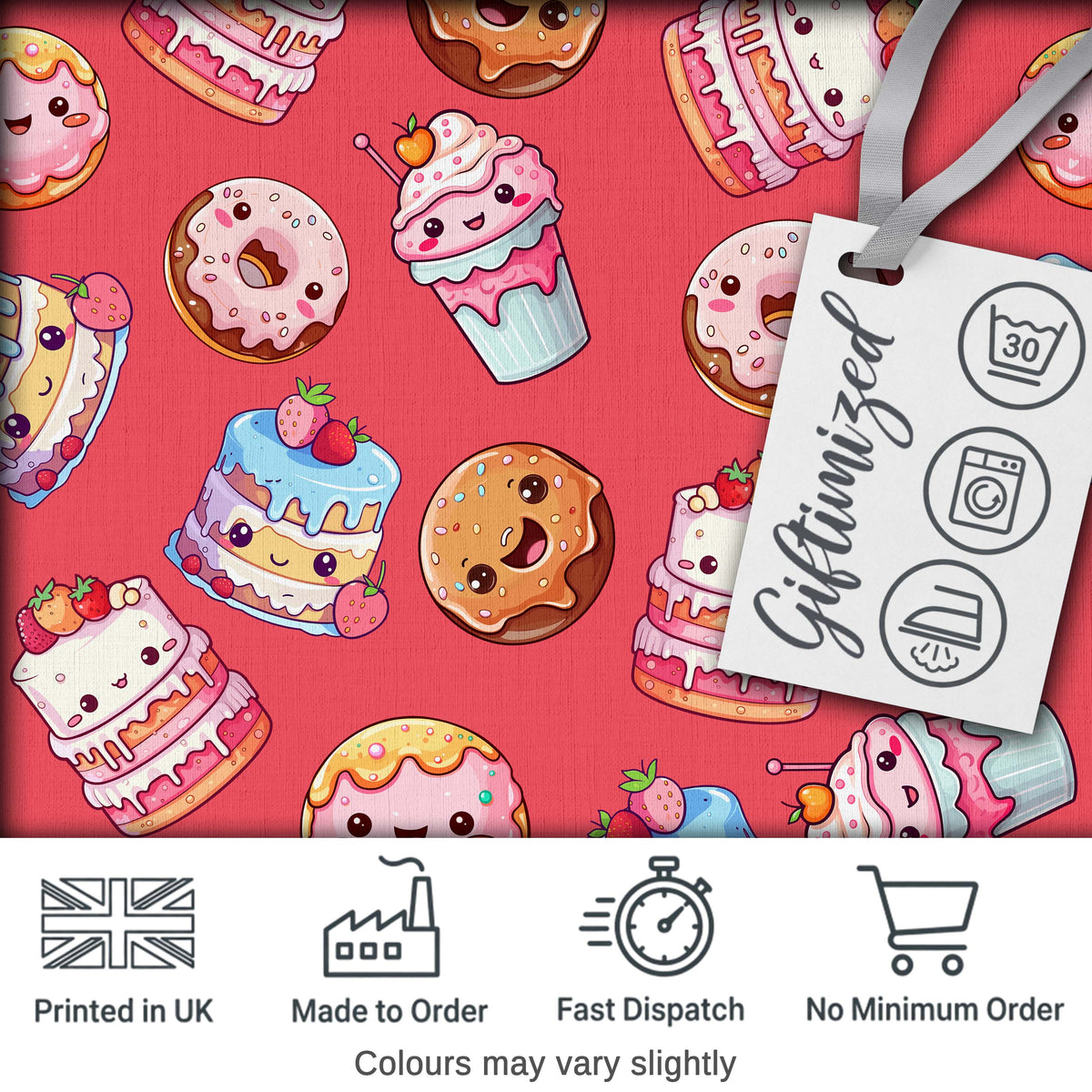 Cute Kawaii Donuts Cakes Desserts Red Background Seamless Pattern Digital Print Fabric by the Metre UK Sewing Quilting Textile