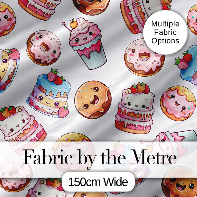 Cute Kawaii Donuts Cakes Desserts Light Grey Background Seamless Pattern Digital Print Fabric by the Metre UK Sewing Quilting Textile