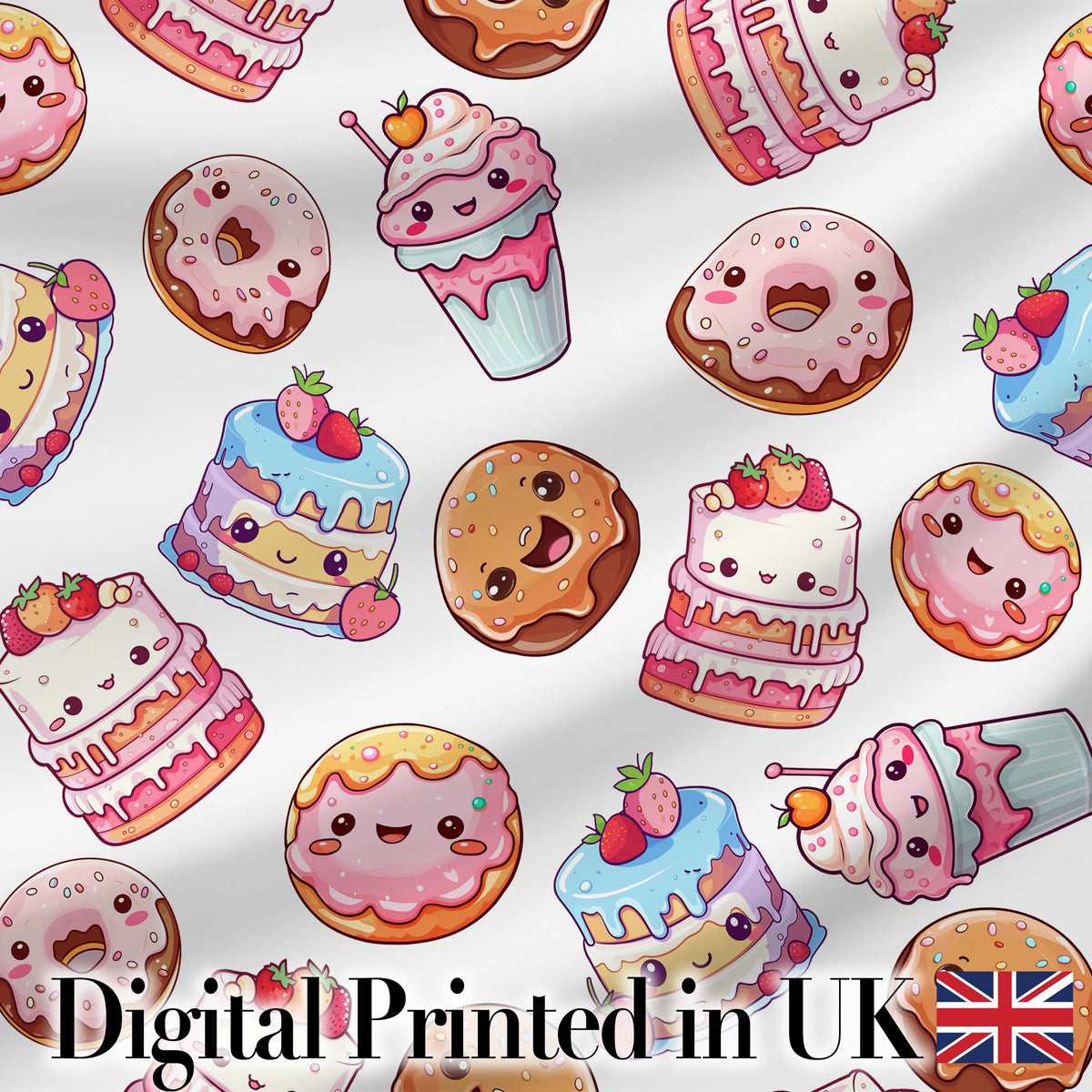 Cute Kawaii Donuts Cakes Desserts Light Grey Background Seamless Pattern Digital Print Fabric by the Metre UK Sewing Quilting Textile