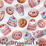 Cute Kawaii Donuts Cakes Desserts Light Grey Background Seamless Pattern Digital Print Fabric by the Metre UK Sewing Quilting Textile