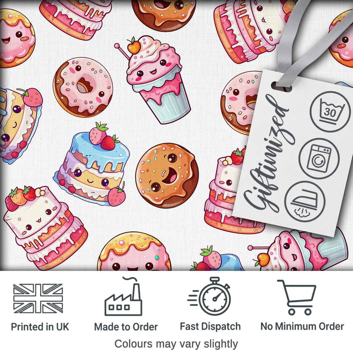 Cute Kawaii Donuts Cakes Desserts Light Grey Background Seamless Pattern Digital Print Fabric by the Metre UK Sewing Quilting Textile