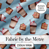 Cute Chocolate Strawberry Milkshake Blue Background Seamless Pattern Digital Print Fabric by the Metre UK Sewing Quilting Textile
