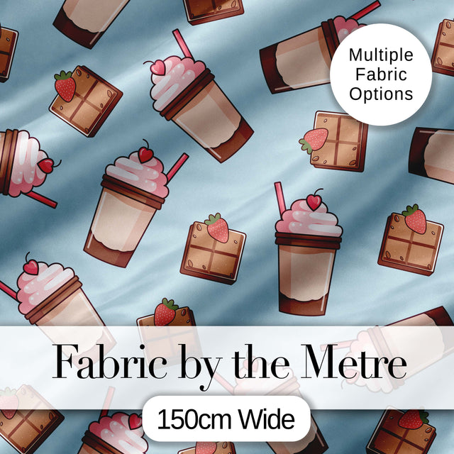 Cute Chocolate Strawberry Milkshake Blue Background Seamless Pattern Digital Print Fabric by the Metre UK Sewing Quilting Textile