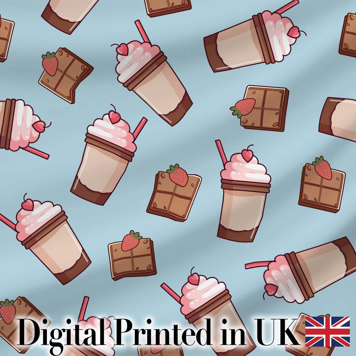 Cute Chocolate Strawberry Milkshake Blue Background Seamless Pattern Digital Print Fabric by the Metre UK Sewing Quilting Textile
