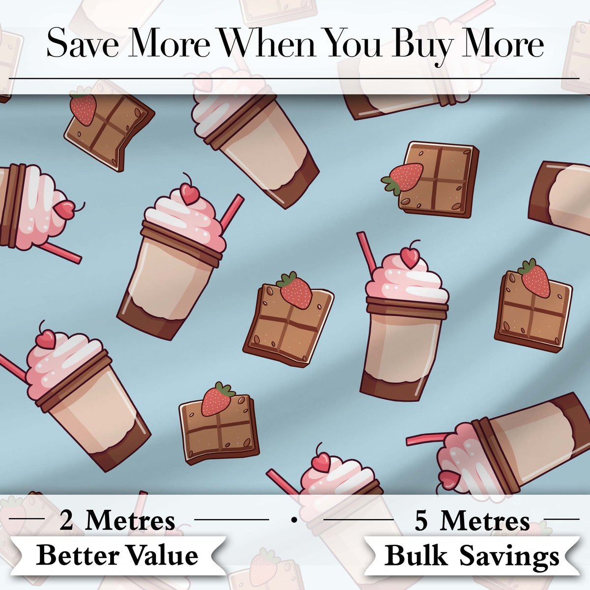 Cute Chocolate Strawberry Milkshake Blue Background Seamless Pattern Digital Print Fabric by the Metre UK Sewing Quilting Textile