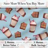 Cute Chocolate Strawberry Milkshake Blue Background Seamless Pattern Digital Print Fabric by the Metre UK Sewing Quilting Textile