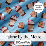 Cute Chocolate Strawberry Milkshake Blue Background Seamless Pattern Digital Print Fabric by the Metre UK Sewing Quilting Textile