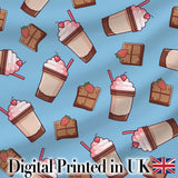 Cute Chocolate Strawberry Milkshake Blue Background Seamless Pattern Digital Print Fabric by the Metre UK Sewing Quilting Textile