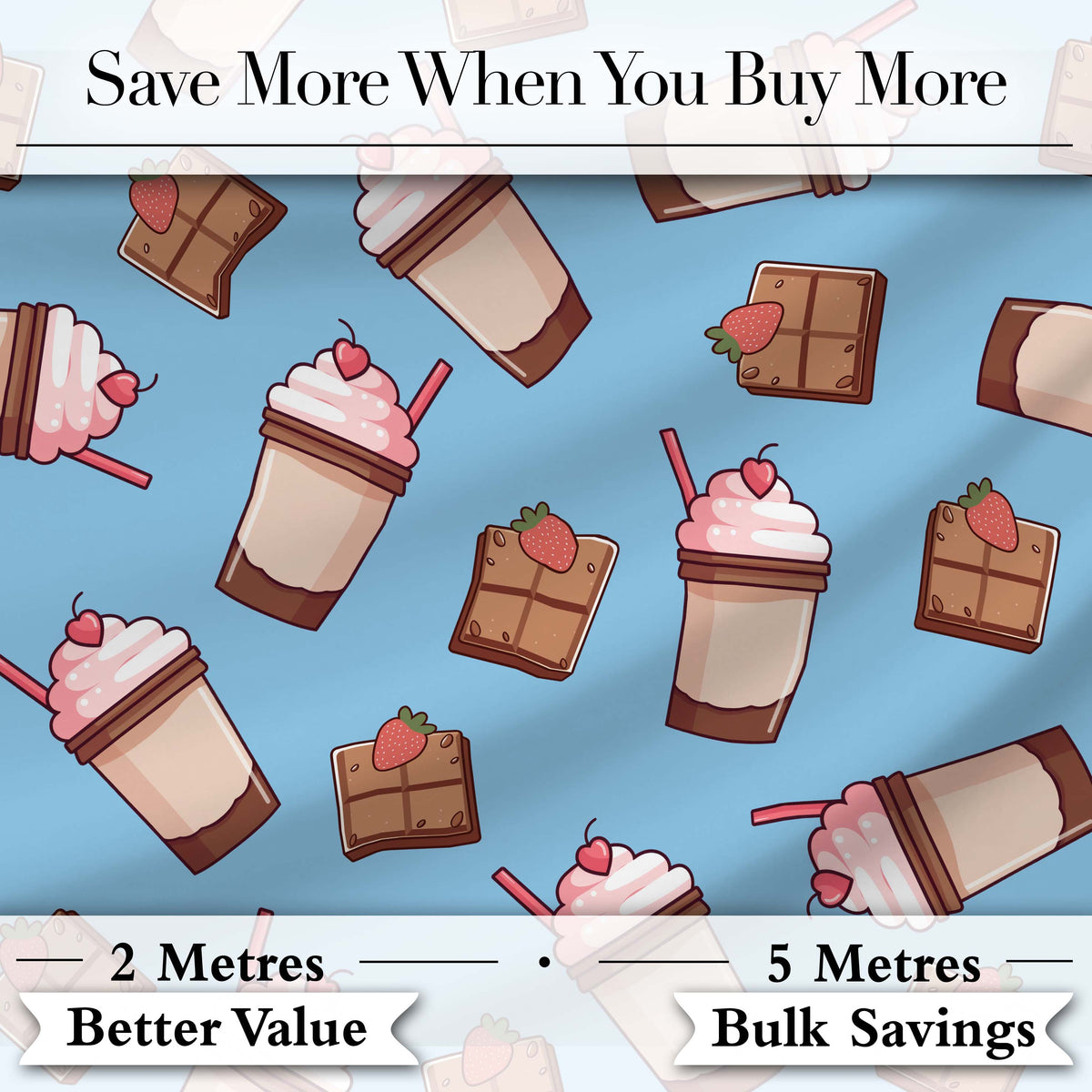 Cute Chocolate Strawberry Milkshake Blue Background Seamless Pattern Digital Print Fabric by the Metre UK Sewing Quilting Textile