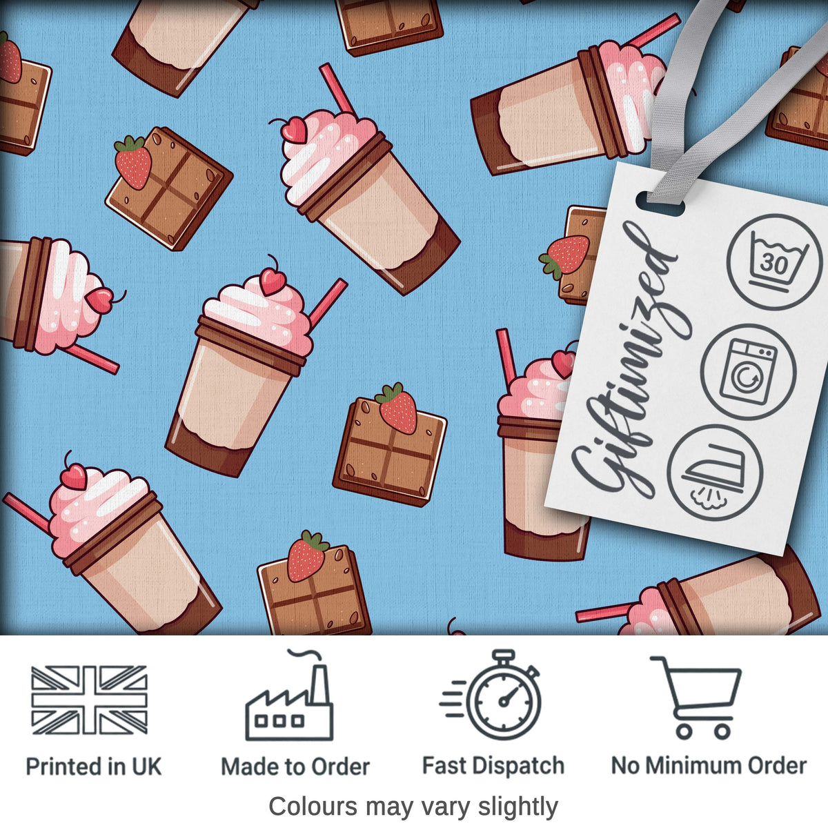 Cute Chocolate Strawberry Milkshake Blue Background Seamless Pattern Digital Print Fabric by the Metre UK Sewing Quilting Textile