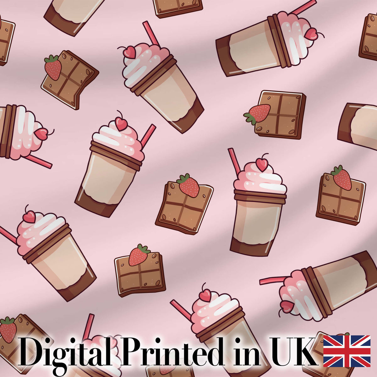 Cute Chocolate Strawberry Milkshake Soft Pink Background Seamless Pattern Digital Print Fabric by the Metre UK Sewing Quilting Textile
