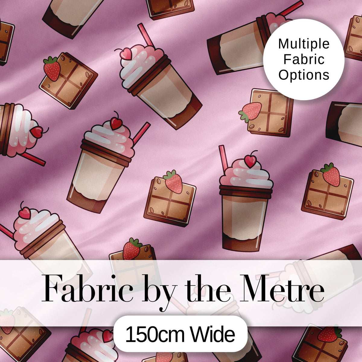 Cute Chocolate Strawberry Milkshake Blush Pink Background Seamless Pattern Digital Print Fabric by the Metre UK Sewing Quilting Textile