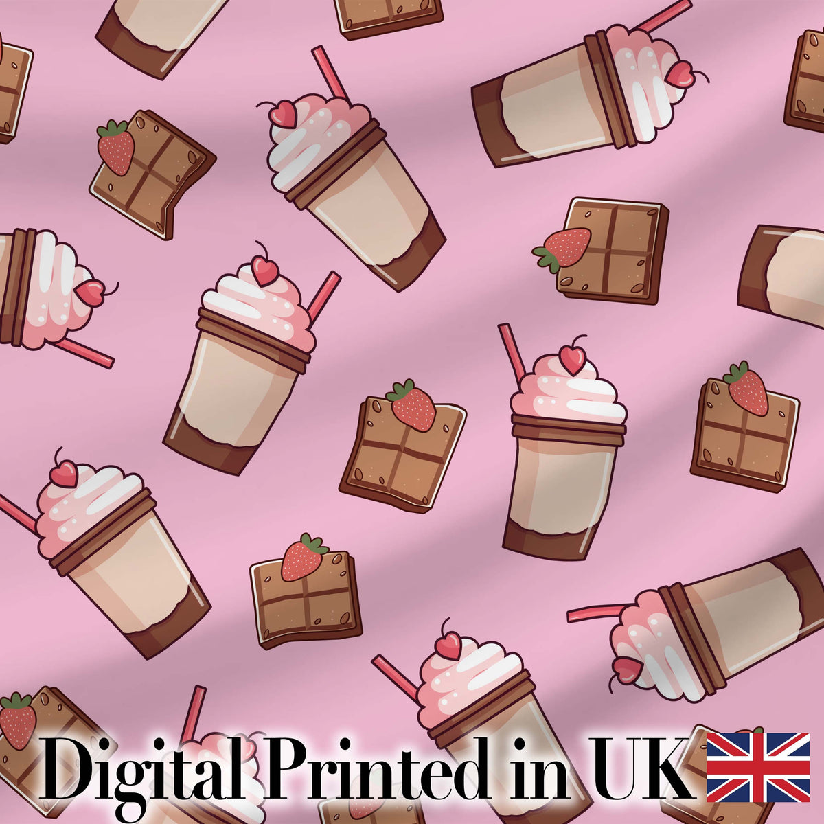 Cute Chocolate Strawberry Milkshake Blush Pink Background Seamless Pattern Digital Print Fabric by the Metre UK Sewing Quilting Textile