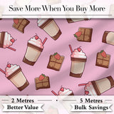 Cute Chocolate Strawberry Milkshake Blush Pink Background Seamless Pattern Digital Print Fabric by the Metre UK Sewing Quilting Textile