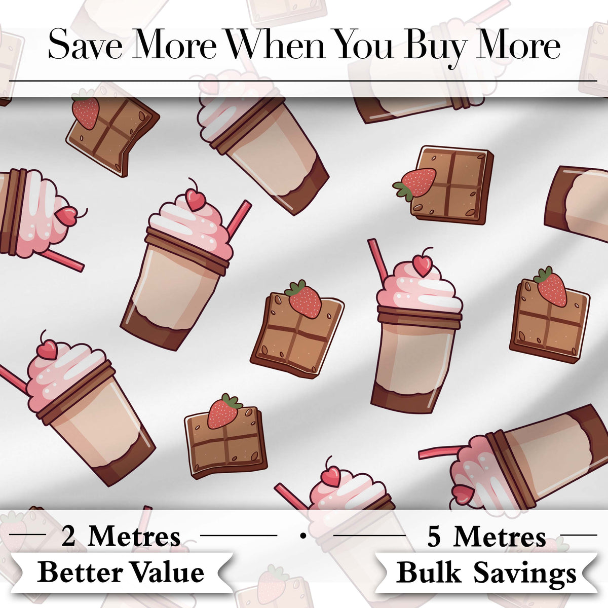 Cute Chocolate Strawberry Milkshake Light Grey Background Seamless Pattern Digital Print Fabric by the Metre UK Sewing Quilting Textile