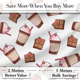 Cute Chocolate Strawberry Milkshake Light Grey Background Seamless Pattern Digital Print Fabric by the Metre UK Sewing Quilting Textile