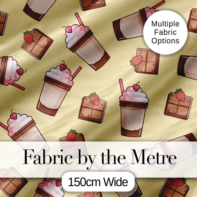 Cute Chocolate Strawberry Milkshake Yellow Background Seamless Pattern Digital Print Fabric by the Metre UK Sewing Quilting Textile