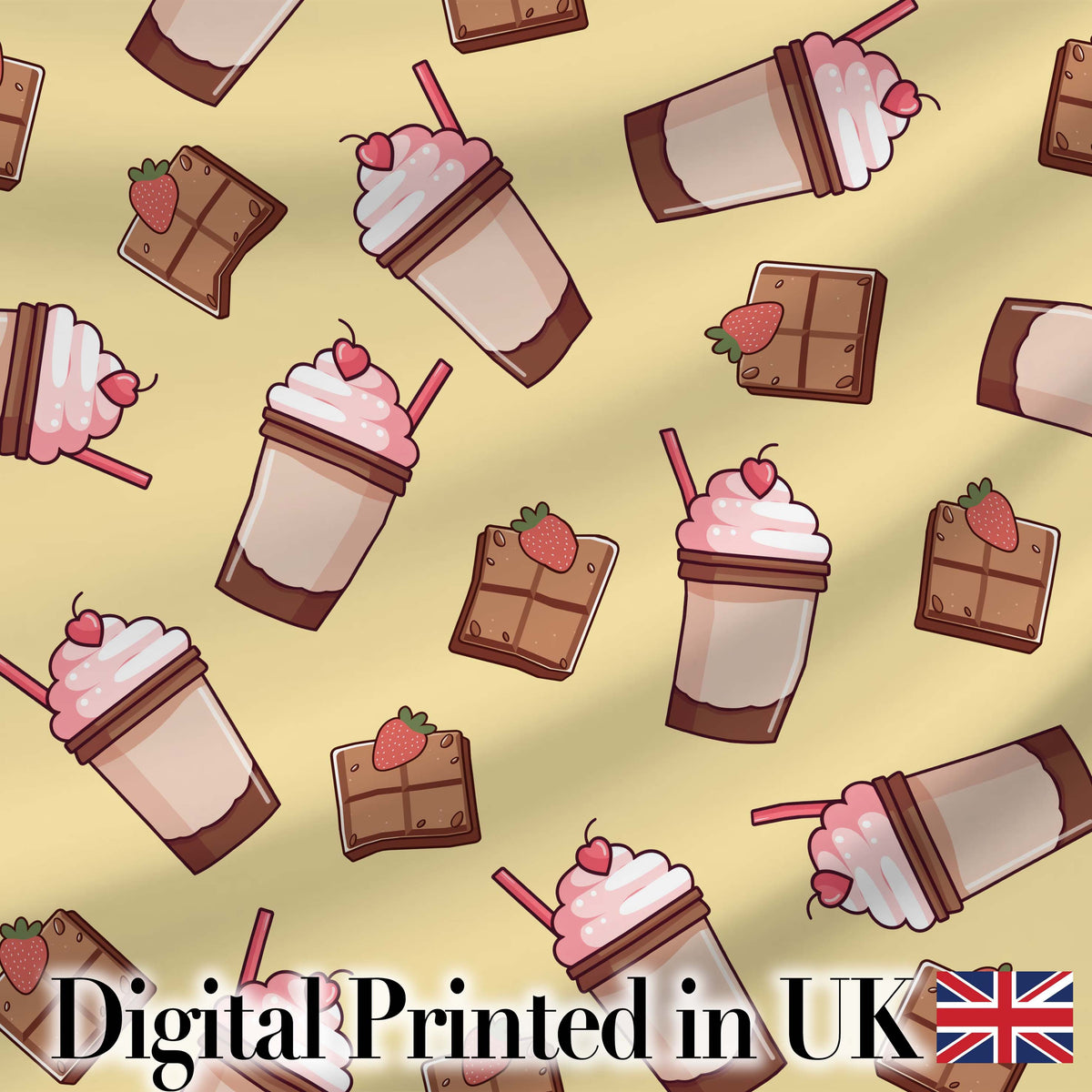 Cute Chocolate Strawberry Milkshake Yellow Background Seamless Pattern Digital Print Fabric by the Metre UK Sewing Quilting Textile