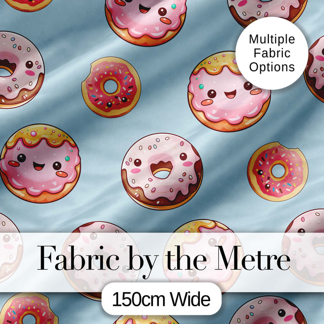 Cute Kawaii Donuts with Pink Icing Blue Background Seamless Pattern Digital Print Fabric by the Metre UK Sewing Quilting Textile
