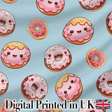 Cute Kawaii Donuts with Pink Icing Blue Background Seamless Pattern Digital Print Fabric by the Metre UK Sewing Quilting Textile