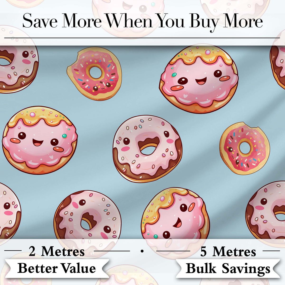 Cute Kawaii Donuts with Pink Icing Blue Background Seamless Pattern Digital Print Fabric by the Metre UK Sewing Quilting Textile
