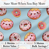Cute Kawaii Donuts with Pink Icing Blue Background Seamless Pattern Digital Print Fabric by the Metre UK Sewing Quilting Textile