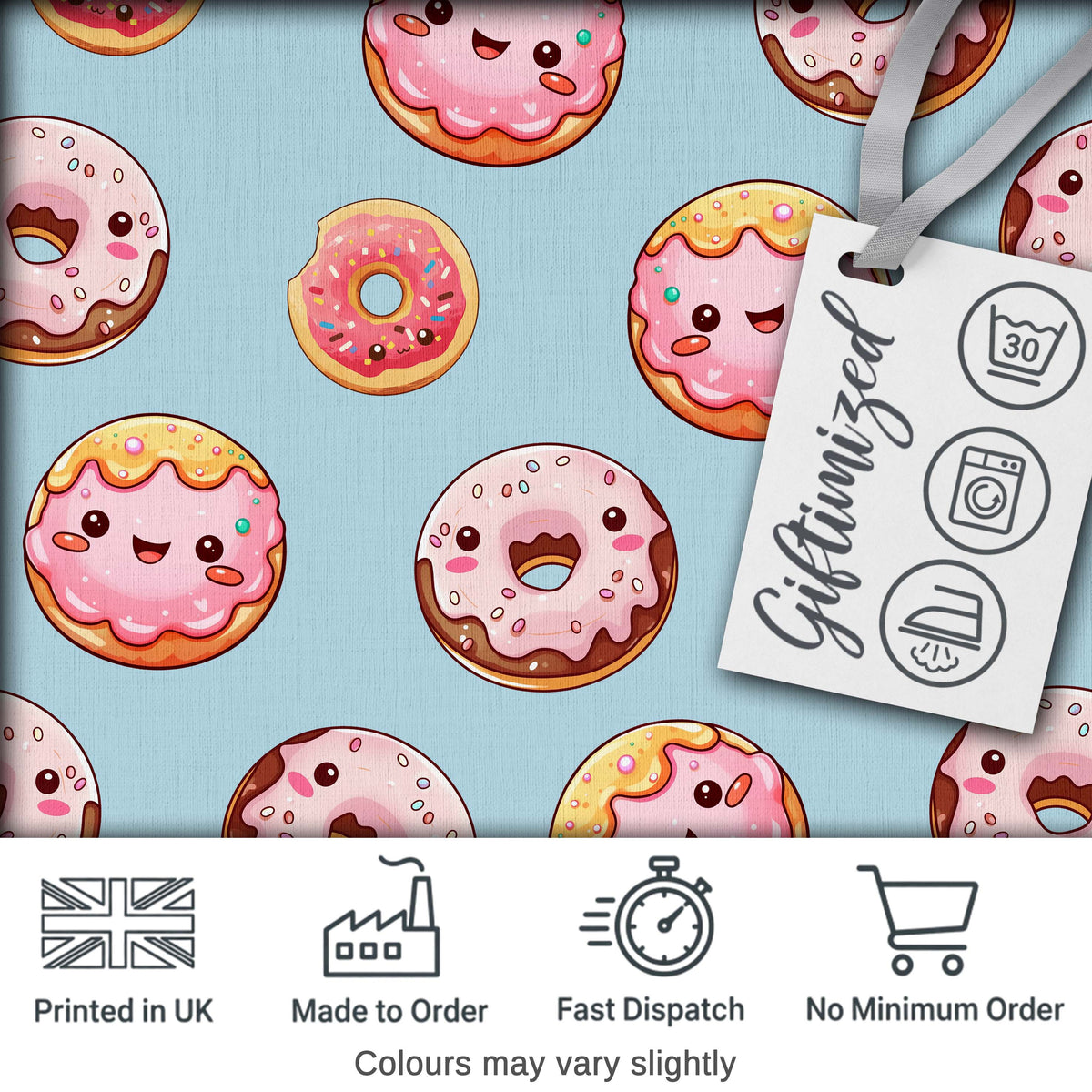 Cute Kawaii Donuts with Pink Icing Blue Background Seamless Pattern Digital Print Fabric by the Metre UK Sewing Quilting Textile