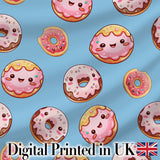 Cute Kawaii Donuts with Pink Icing Sky Blue Background Seamless Pattern Digital Print Fabric by the Metre UK Sewing Quilting Textile