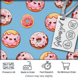 Cute Kawaii Donuts with Pink Icing Sky Blue Background Seamless Pattern Digital Print Fabric by the Metre UK Sewing Quilting Textile