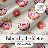 Cute Kawaii Donuts with Pink Icing Cream Background Seamless Pattern Digital Print Fabric by the Metre UK Sewing Quilting Textile