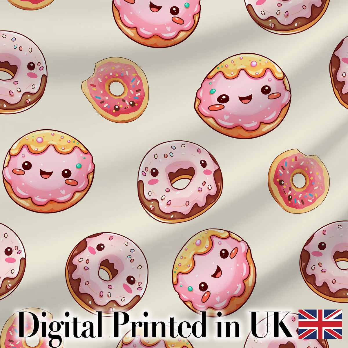 Cute Kawaii Donuts with Pink Icing Cream Background Seamless Pattern Digital Print Fabric by the Metre UK Sewing Quilting Textile