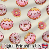 Cute Kawaii Donuts with Pink Icing Cream Background Seamless Pattern Digital Print Fabric by the Metre UK Sewing Quilting Textile