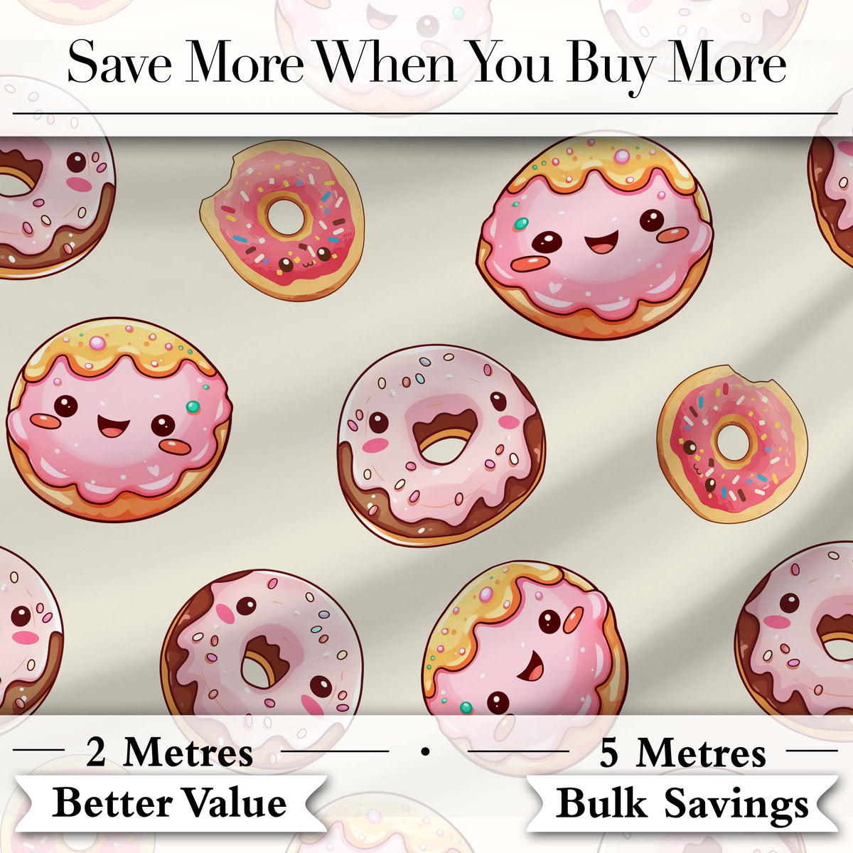 Cute Kawaii Donuts with Pink Icing Cream Background Seamless Pattern Digital Print Fabric by the Metre UK Sewing Quilting Textile