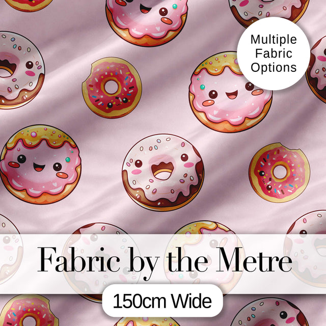Cute Kawaii Donuts with Pink Icing Soft Pink Background Seamless Pattern Digital Print Fabric by the Metre UK Sewing Quilting Textile