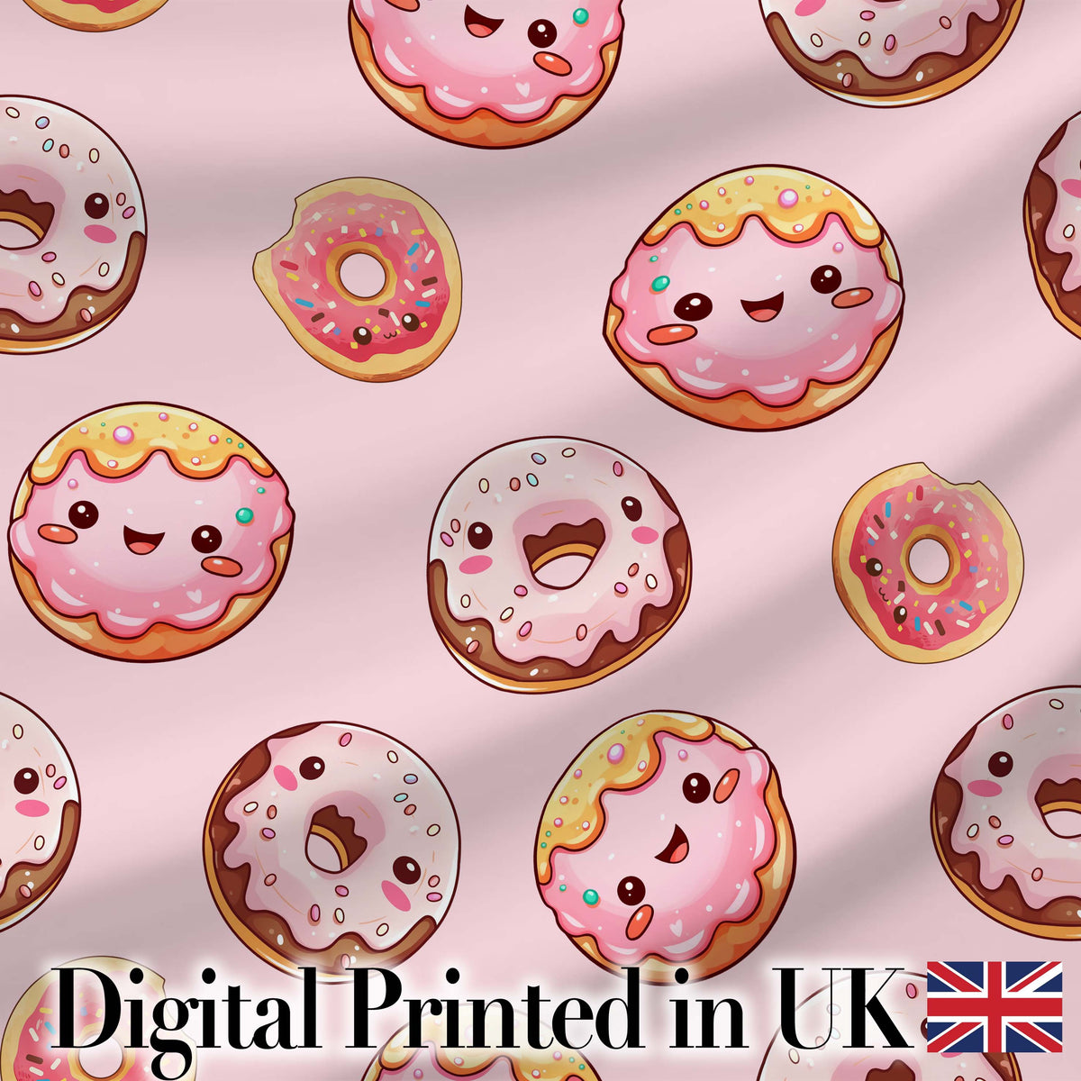 Cute Kawaii Donuts with Pink Icing Soft Pink Background Seamless Pattern Digital Print Fabric by the Metre UK Sewing Quilting Textile