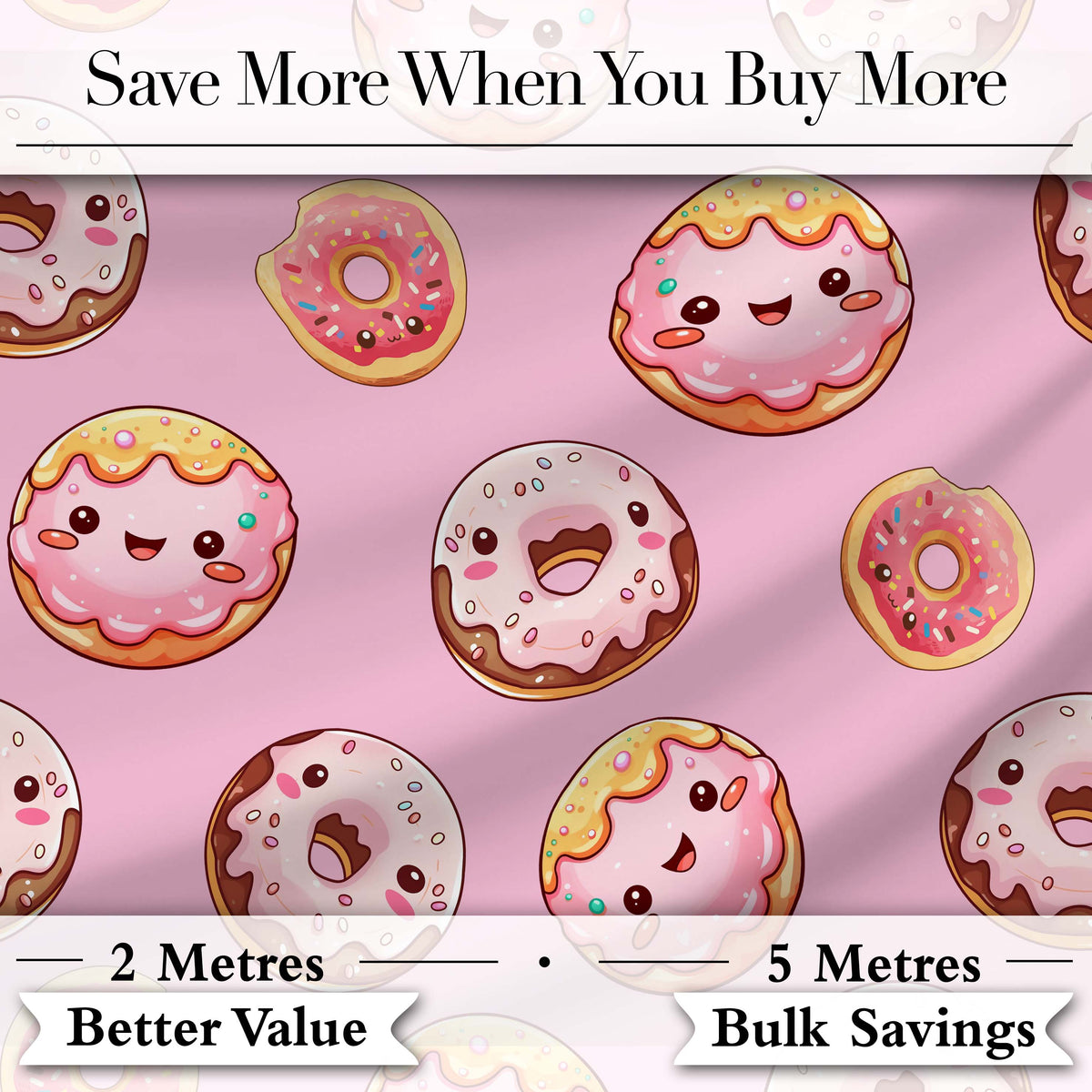 Cute Kawaii Donuts with Pink Icing Pink Background Seamless Pattern Digital Print Fabric by the Metre UK Sewing Quilting Textile