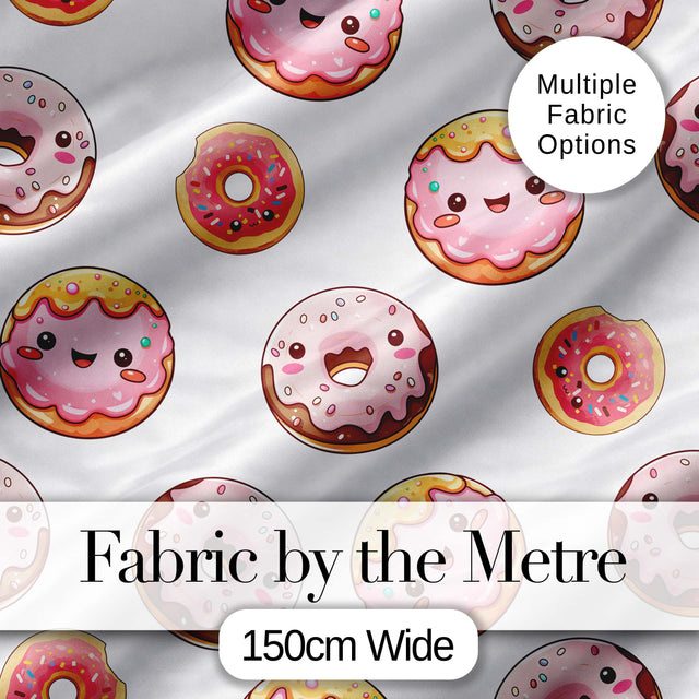 Cute Kawaii Donuts with Pink Icing Grey Background Seamless Pattern Digital Print Fabric by the Metre UK Sewing Quilting Textile