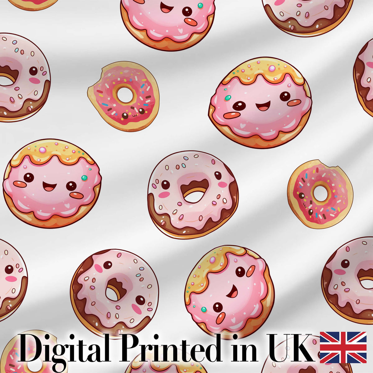 Cute Kawaii Donuts with Pink Icing Grey Background Seamless Pattern Digital Print Fabric by the Metre UK Sewing Quilting Textile