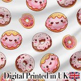 Cute Kawaii Donuts with Pink Icing Grey Background Seamless Pattern Digital Print Fabric by the Metre UK Sewing Quilting Textile