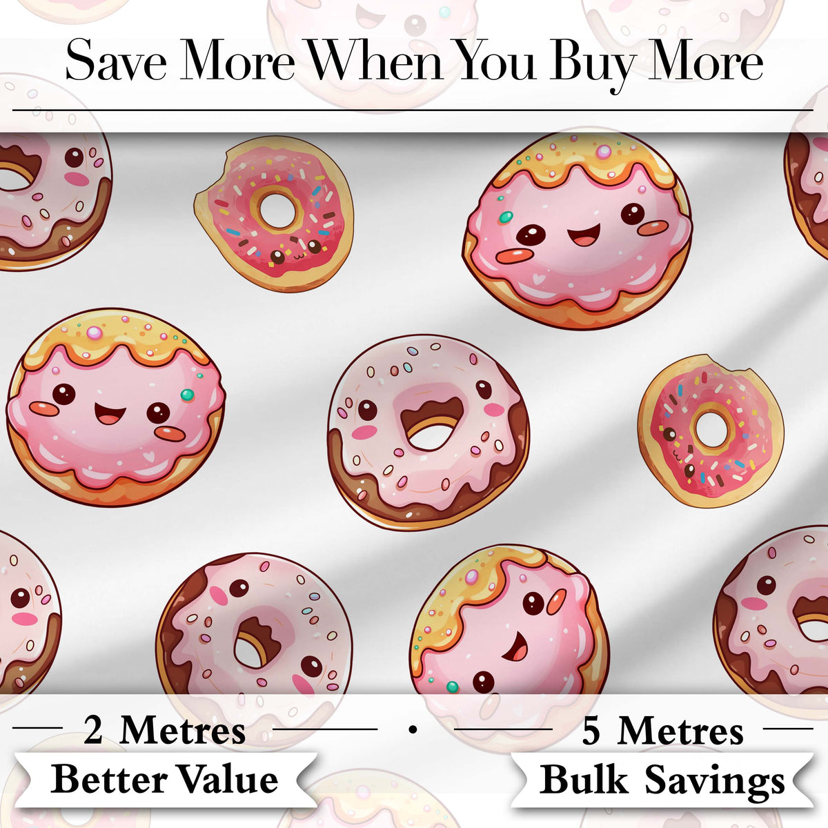 Cute Kawaii Donuts with Pink Icing Grey Background Seamless Pattern Digital Print Fabric by the Metre UK Sewing Quilting Textile