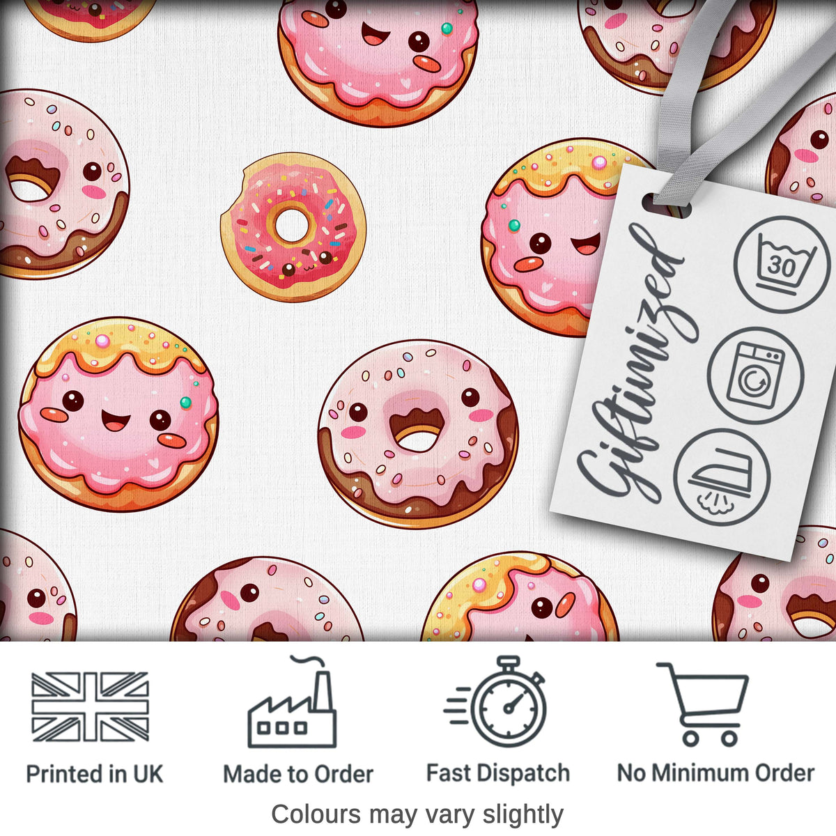Cute Kawaii Donuts with Pink Icing Grey Background Seamless Pattern Digital Print Fabric by the Metre UK Sewing Quilting Textile
