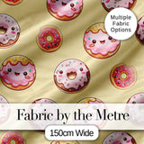Cute Kawaii Donuts with Pink Icing Yellow Background Seamless Pattern Digital Print Fabric by the Metre UK Sewing Quilting Textile