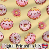 Cute Kawaii Donuts with Pink Icing Yellow Background Seamless Pattern Digital Print Fabric by the Metre UK Sewing Quilting Textile