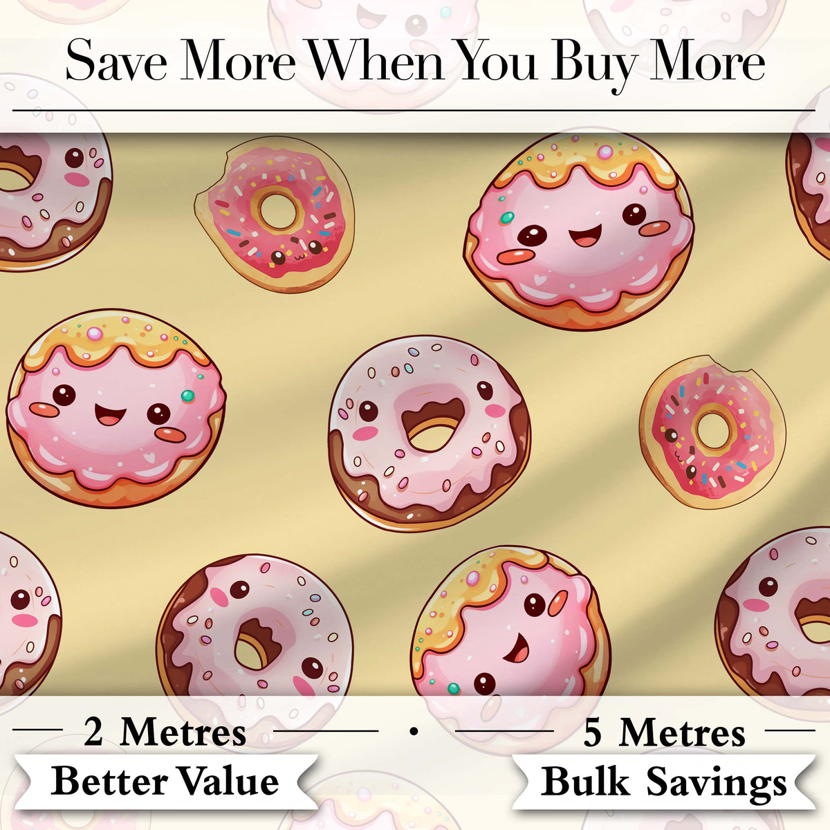 Cute Kawaii Donuts with Pink Icing Yellow Background Seamless Pattern Digital Print Fabric by the Metre UK Sewing Quilting Textile