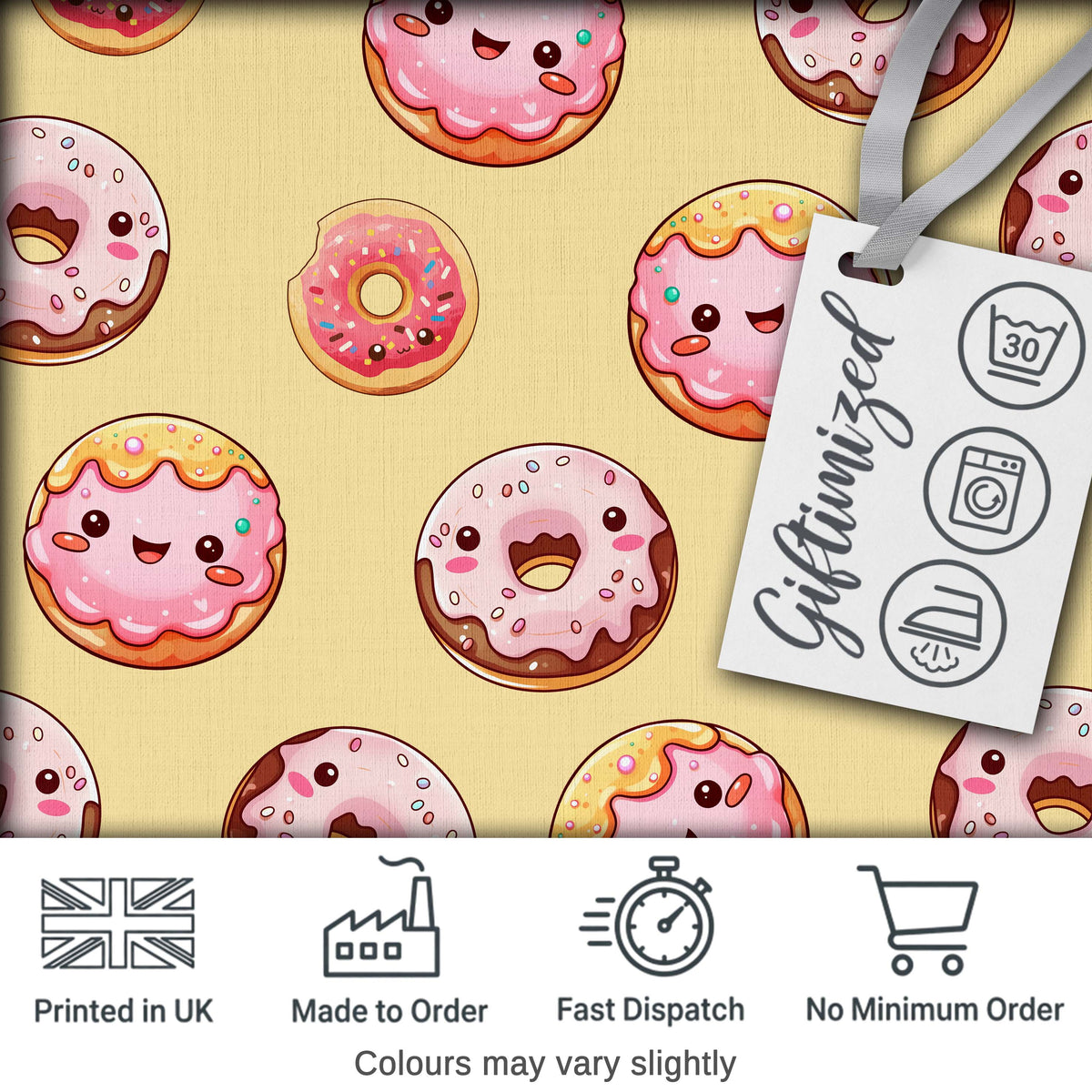 Cute Kawaii Donuts with Pink Icing Yellow Background Seamless Pattern Digital Print Fabric by the Metre UK Sewing Quilting Textile