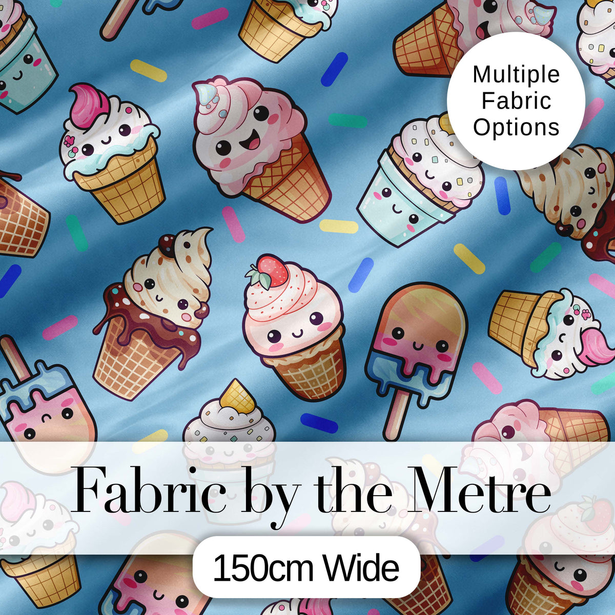 Cute Kawaii Ice Cream Desserts on Blue Background Seamless Pattern Digital Print Fabric by the Metre UK Sewing Quilting Textile