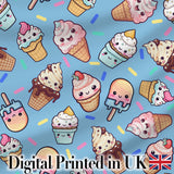 Cute Kawaii Ice Cream Desserts on Blue Background Seamless Pattern Digital Print Fabric by the Metre UK Sewing Quilting Textile