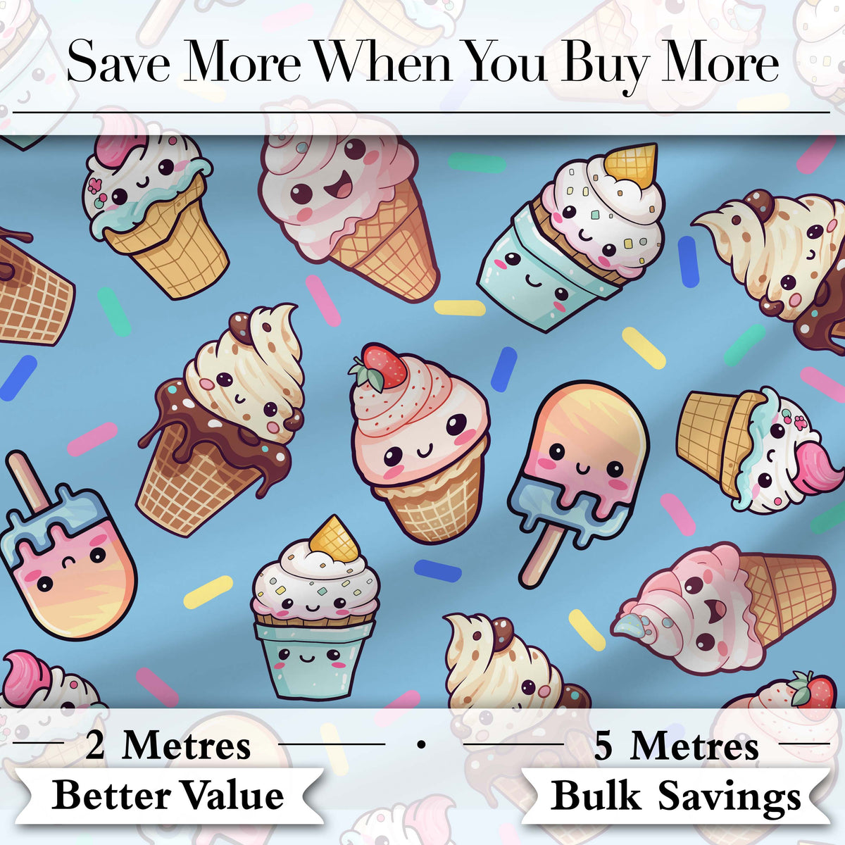 Cute Kawaii Ice Cream Desserts on Blue Background Seamless Pattern Digital Print Fabric by the Metre UK Sewing Quilting Textile