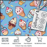 Cute Kawaii Ice Cream Desserts on Blue Background Seamless Pattern Digital Print Fabric by the Metre UK Sewing Quilting Textile
